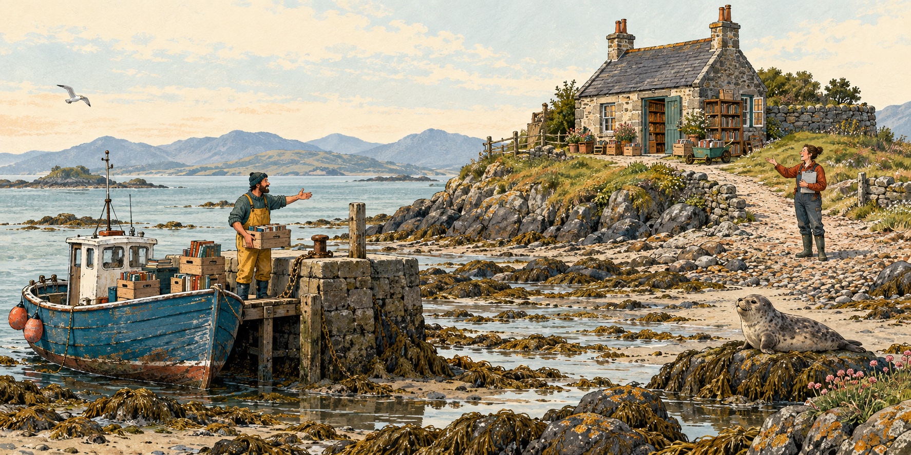 An illustrated island reading room above a rocky shore. A boat carries books beside the jetty, a coordinator stands by the path, and a seal watches from a rock.
