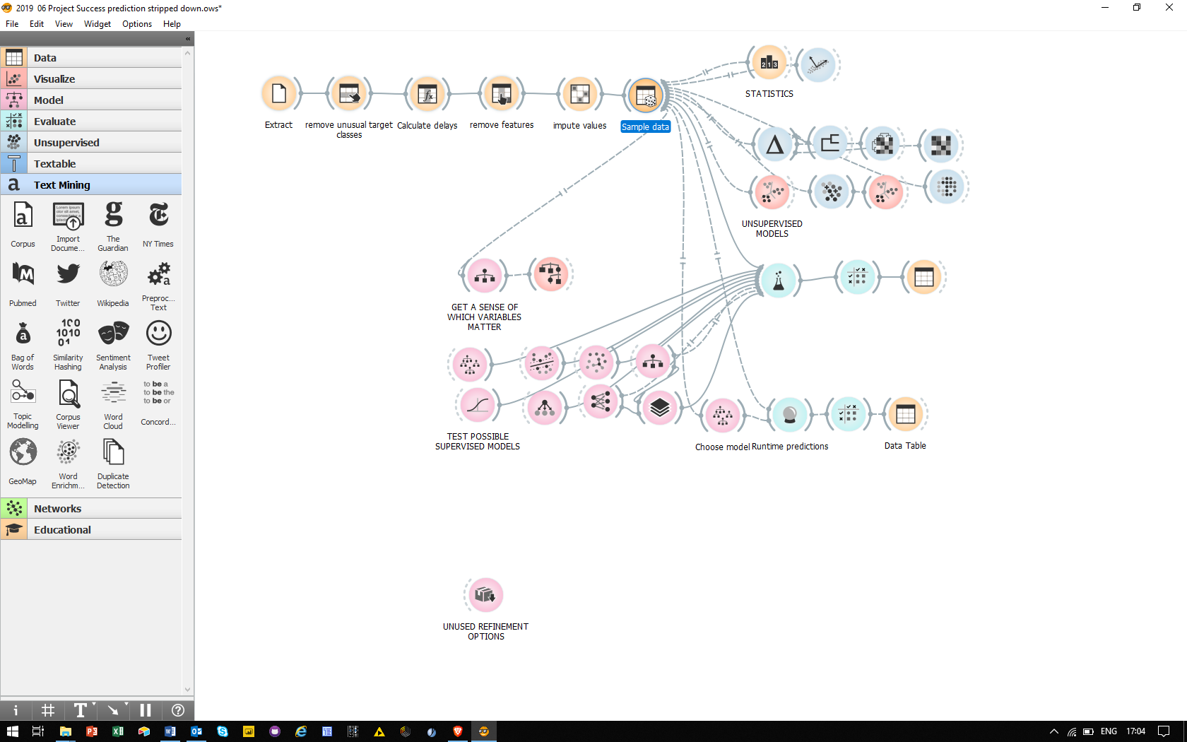 Original Orange workflow: project data preparation branches into model comparison, visual exploration and an intended prediction route.