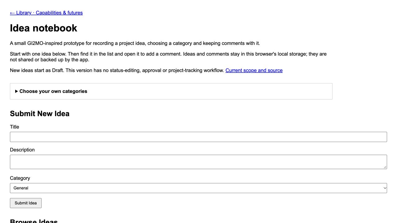 Idea notebook with title, description and category fields, followed by the searchable idea list