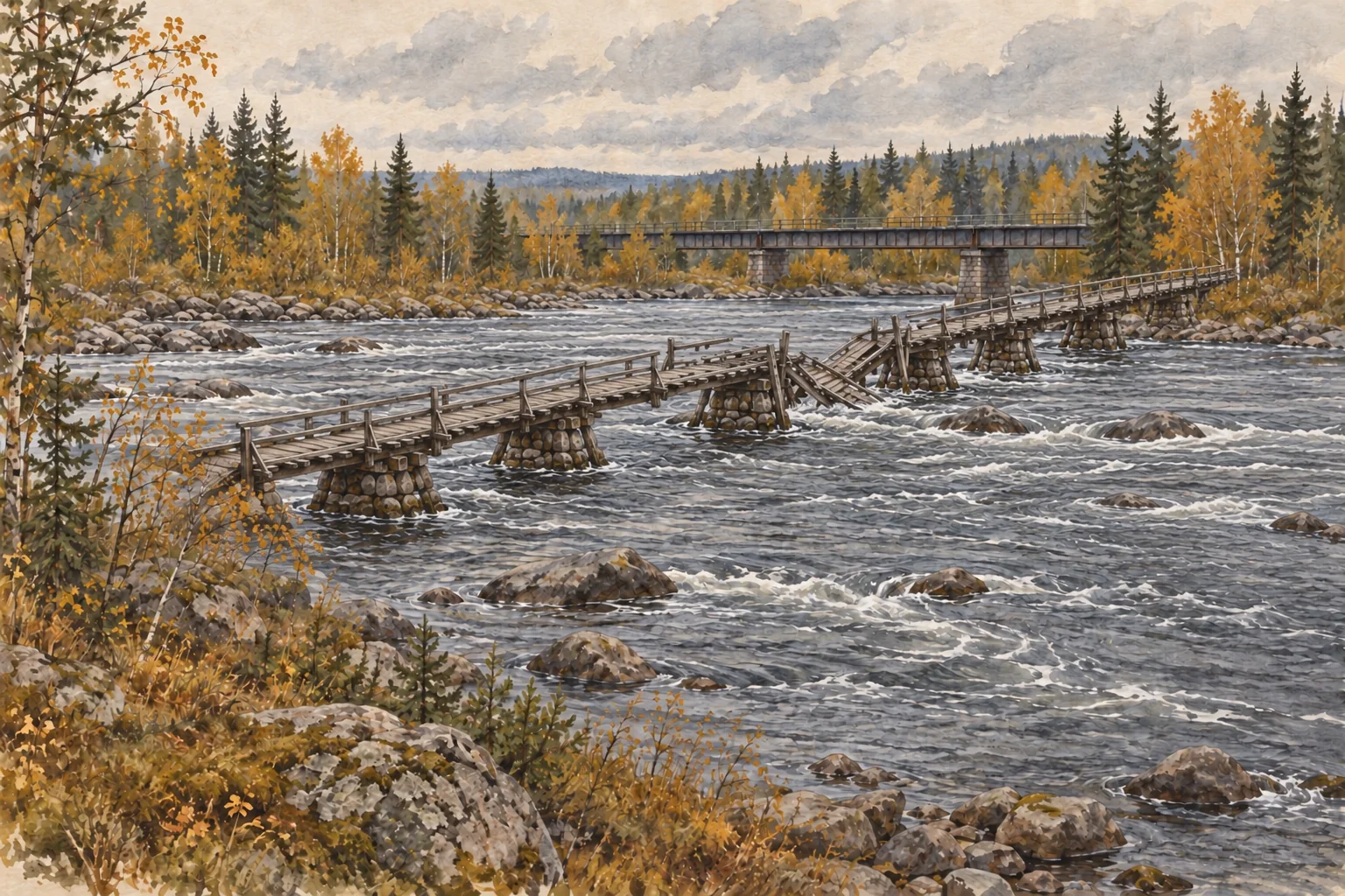 An illustrated broken timber footbridge across a broad autumn river, with a railway bridge behind