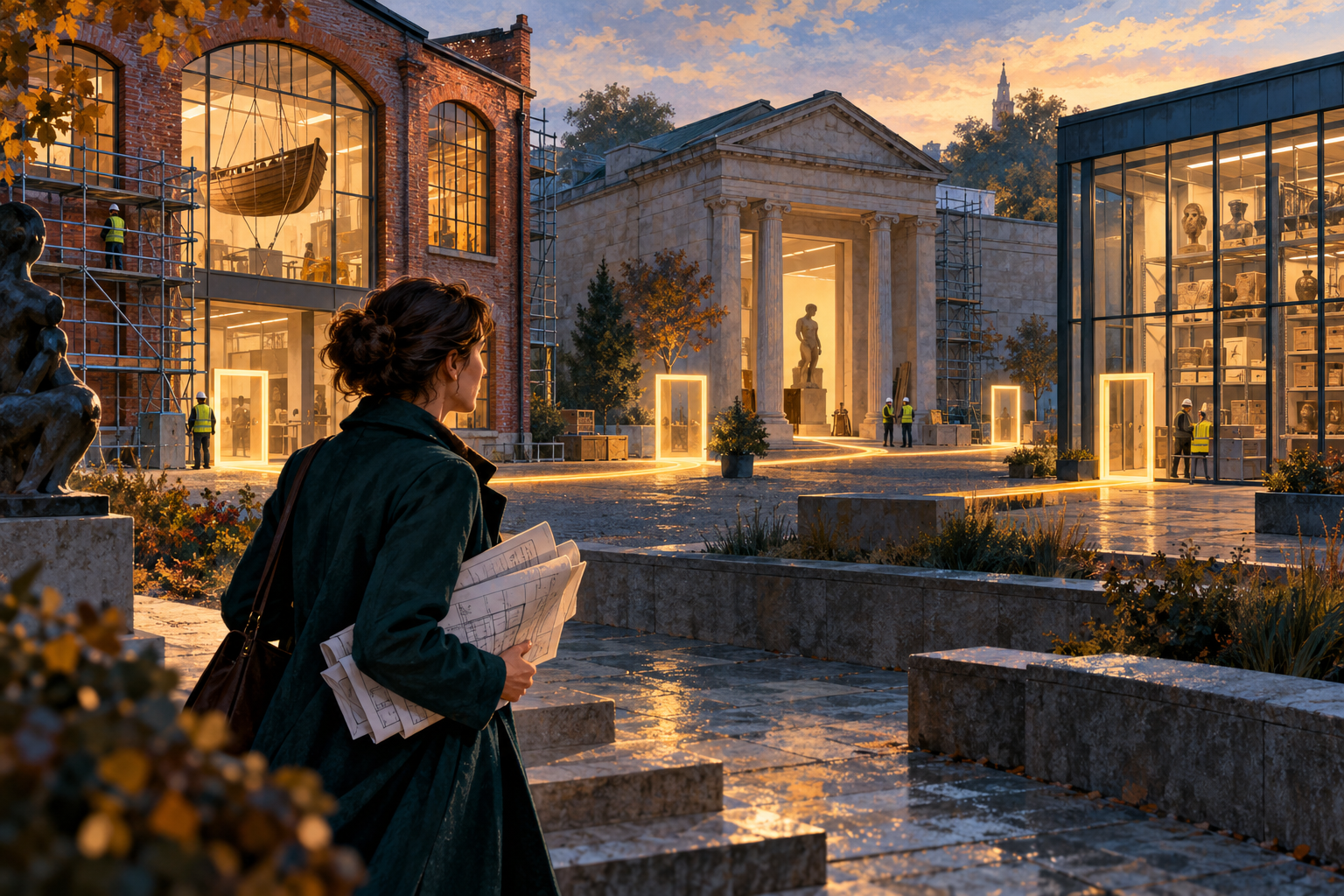 A museum delivery director studies urgent papers while an illuminated route connects the neighbouring buildings behind her.