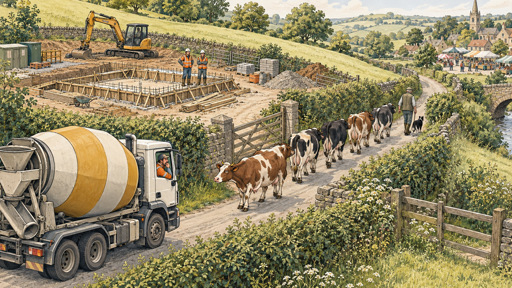 A concrete mixer waits before a farm gateway as unhurried cows walk along the same narrow lane toward market. Two construction workers wait beside foundation shuttering.