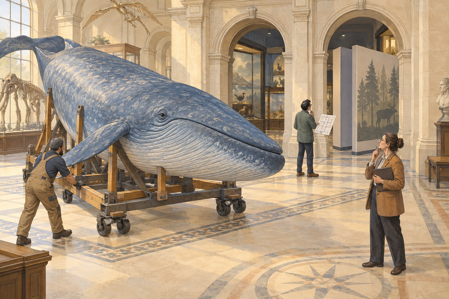 An enormous blue whale exhibit on a wheeled cradle in a museum. A route inspector studies two passages, a curator holds a clipboard, and a handler waits by the whale.